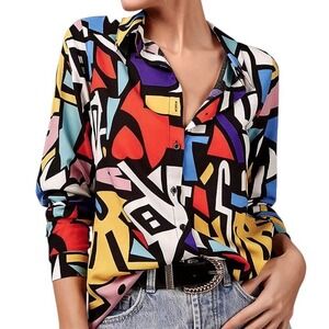 BIG DART Women's Button Up Shirt Multicolor Pop Art Geometric Long Sleeve Size M